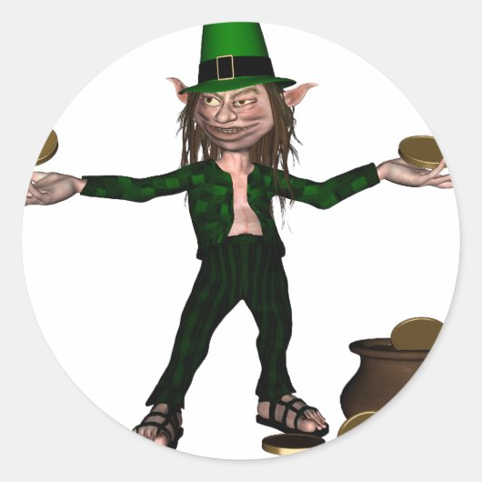 Irish Leprechaun met munten en een pot goud Ronde Sticker (Voorkant)
