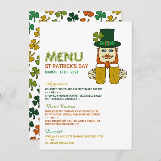 Irish Leprechaun, St Patrick's Day Menu Kaart (Voorkant / Achterkant)