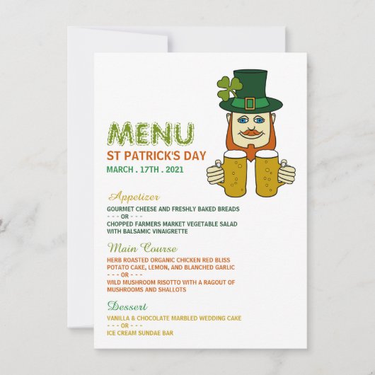 Irish Leprechaun, St Patrick's Day Menu Kaart (Voorkant)