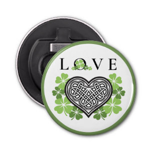 Irish LOVE Shamrock & Celtic Knot Heart Button Flesopener