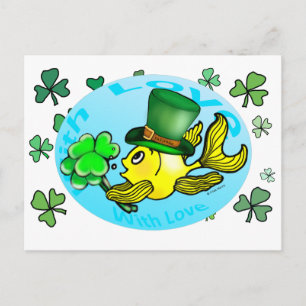IRISH LUCK GOLDFISH met pet en shamrocks schattig Briefkaart