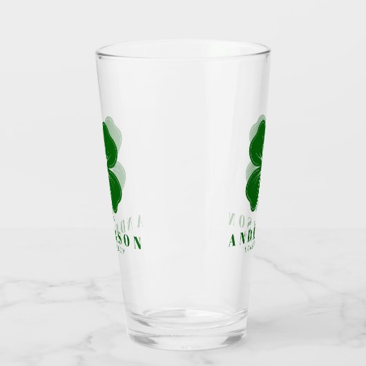 Irish Lucky Four Green Leaf Clover met naam Pint Glas (Links)