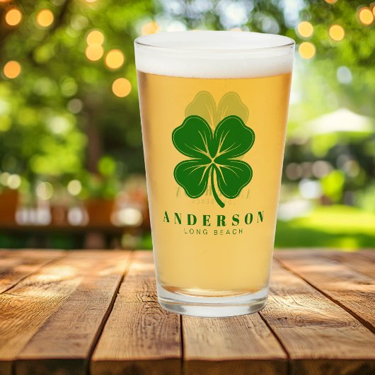 Irish Lucky Four Green Leaf Clover met naam Pint Glas
