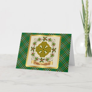 Irish National Tartan w/Celtic Cross gepersonalise Feestdagen Kaart