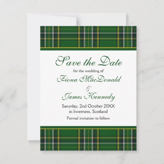 Irish National Tartan Wedding Save the Date Kaart (Voorkant)