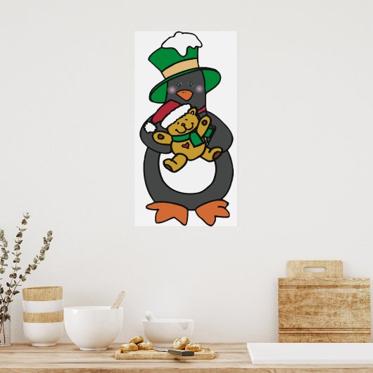 Irish Penguin Holding Christmas Teddy Bear Poster (Keuken)