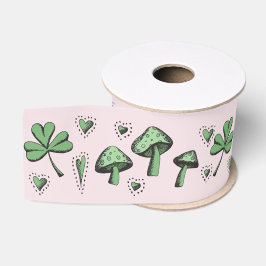 Irish Pink and Green Shamrock Heart & Mushroom 3" Grosgrain Lint