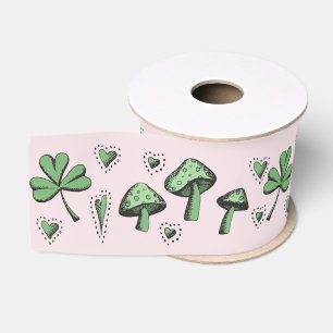 Irish Pink and Green Shamrock Heart & Mushroom 3" Grosgrain Lint