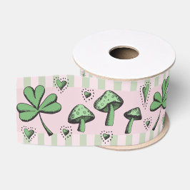 Irish Pink & Green Shamrocks Hearts & Mushrooms 3" Grosgrain Lint