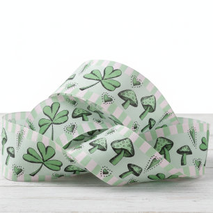 Irish Pink & Green Shamrocks Hearts & Mushrooms 3" Grosgrain Lint