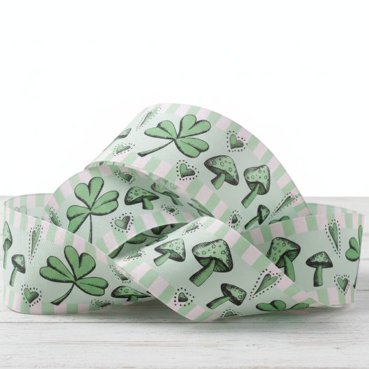 Irish Pink & Green Shamrocks Hearts & Mushrooms 3" Grosgrain Lint