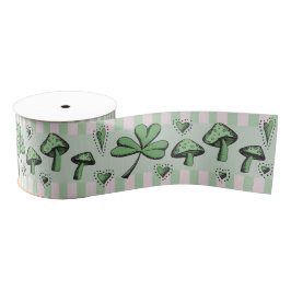 Irish Pink & Green Shamrocks Hearts & Mushrooms 3" Grosgrain Lint