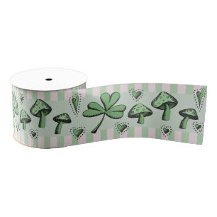 Irish Pink & Green Shamrocks Hearts & Mushrooms 3" Grosgrain Lint