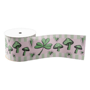 Irish Pink & Green Shamrocks Hearts & Mushrooms 3" Grosgrain Lint