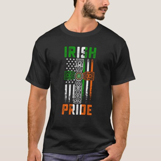 Irish Pride American Flag Celtic Cross St Patricks T-shirt (Voorkant)