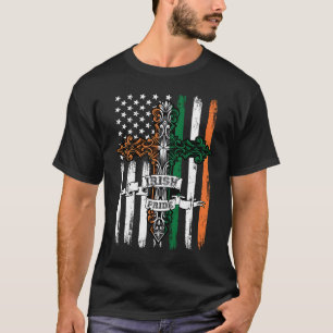 Irish Pride Celtic Cross Ireland & USA Flag St Pat T-shirt