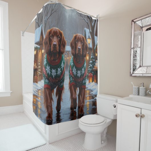 Irish Red Setter Dogs Christmas Snow Holiday Douchegordijn (In situ)