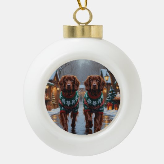 Irish Red Setter Dogs Christmas Snow Holiday Keramische Bal Ornament (Voorkant)