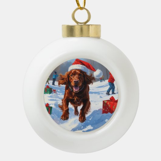 Irish Red Setter Hardloopsneeuw met kerst Pet Keramische Bal Ornament (Voorkant)