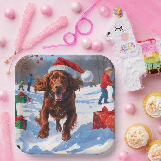Irish Red Setter Hardloopsneeuw met kerst Pet Papieren Bordje (Feest)