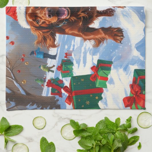 Irish Red Setter Hardloopsneeuw met kerst Pet Theedoek (Gevouwen)