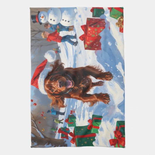 Irish Red Setter Hardloopsneeuw met kerst Pet Theedoek (Verticaal)