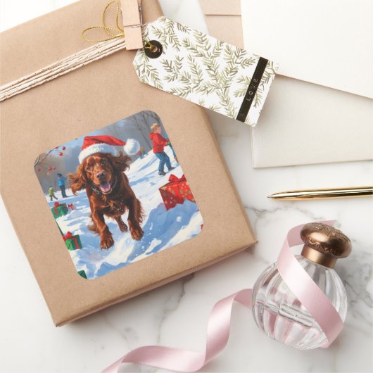 Irish Red Setter Hardloopsneeuw met kerst Pet Vierkante Sticker (Geschenken)