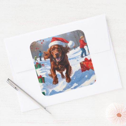 Irish Red Setter Hardloopsneeuw met kerst Pet Vierkante Sticker (Envelop)