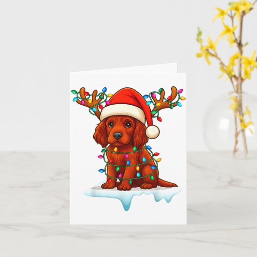 Irish Setter Christmas Santa Hat Reindeer Lights P Kaart (Gele Bloem)