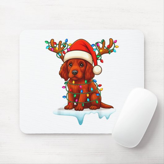 Irish Setter Christmas Santa Hat Reindeer Lights P Muismat (Met muis)