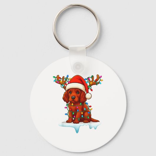 Irish Setter Christmas Santa Hat Reindeer Lights P Sleutelhanger (Voorkant)