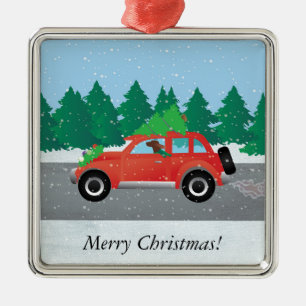 Irish Setter Driving a Car with a tree on top. Metalen Ornament