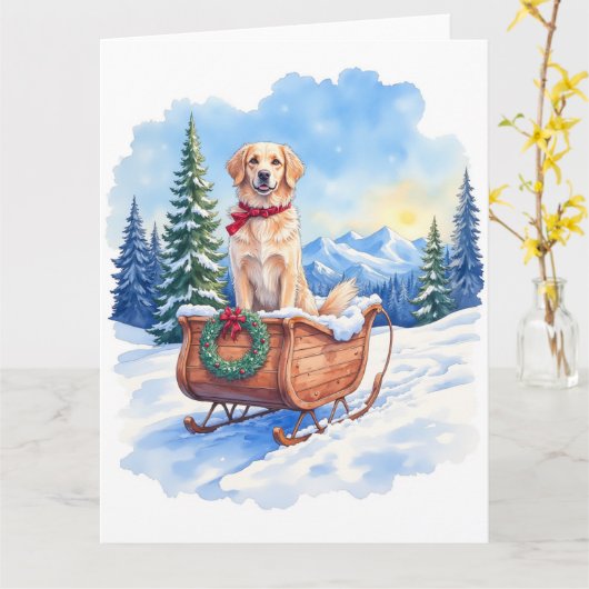 Irish Setter Enjoying Christmas Sleigh Ride Winter Kaart (Gele Bloem)