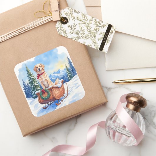 Irish Setter Enjoying Christmas Sleigh Ride Winter Vierkante Sticker (Geschenken)