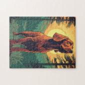 Irish-Setter in het bos tijdens zonsondergang Legpuzzel (Horizontaal)