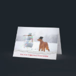 Irish Setter met Snowman Feestdagen Kaart<br><div class="desc">Ierse setterhond met een zwarte stovepipe pet in met sneeuwpop en gescheurde rand. Tekst kan worden bewerkt.</div>