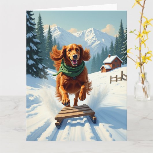 Irish Setter Sledding Adventure Christmas Painting Kaart (Gele Bloem)