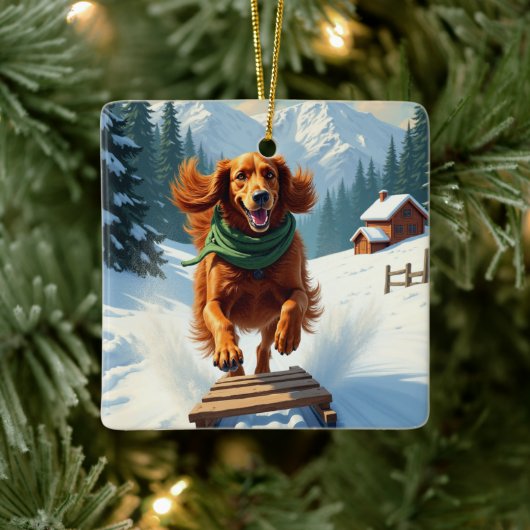 Irish Setter Sledding Adventure Christmas Painting Keramisch Ornament (Boom)