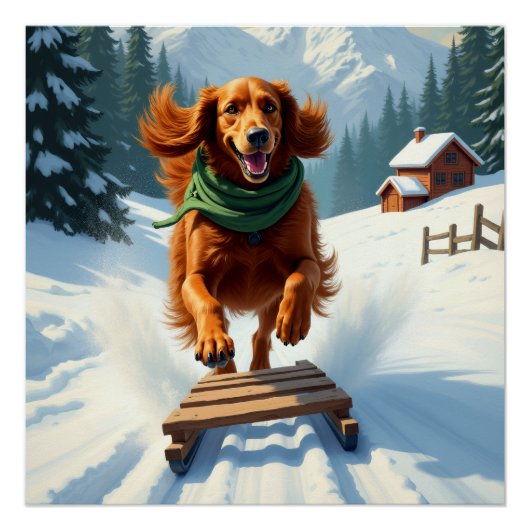 Irish Setter Sledding Adventure Christmas Painting Perfect Poster (Voorkant)