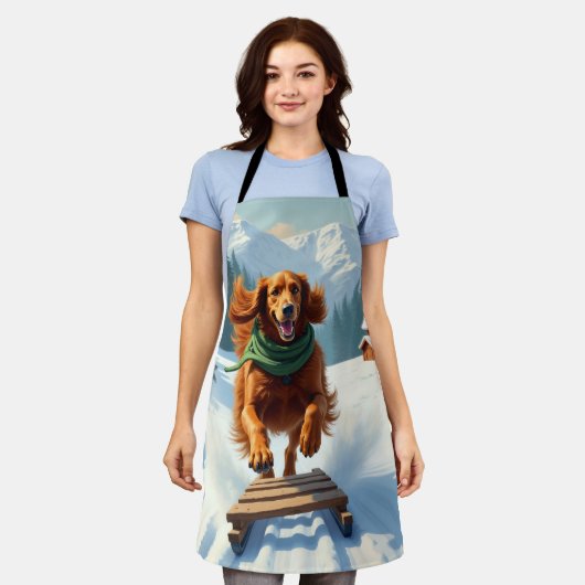 Irish Setter Sledding Adventure Christmas Painting Schort (Gedragen)