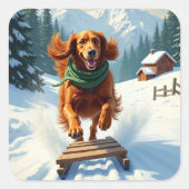 Irish Setter Sledding Adventure Christmas Painting Vierkante Sticker (Voorkant)