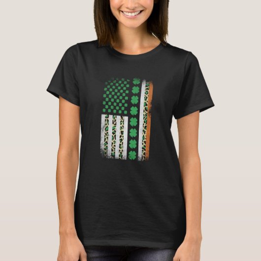 Irish Shamrock American Flag Leoopard Print St Pat T-shirt (Voorkant)