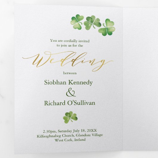 Irish Shamrock & Celtic Knot, RSVP, Eco Wedding Drieluik Uitnodiging (Binnenzijde eerst)