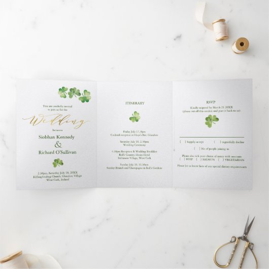 Irish Shamrock & Celtic Knot, RSVP, Eco Wedding Drieluik Uitnodiging
