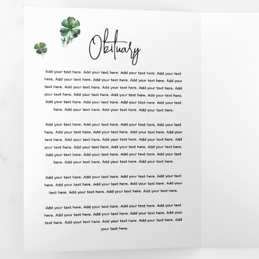 Irish Shamrock Clover Funeral Memorial Programme Drieluik Uitnodiging (Binnenzijde eerst)