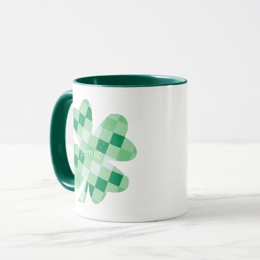 Irish Shamrock Clover Green Checks Name Monogram Mok (Voorkant links)