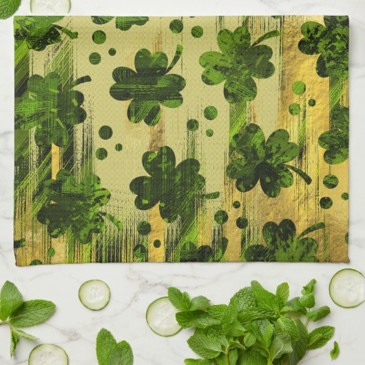 Irish Shamrock - Clover Painted Gold en Green Theedoek (Gevouwen)