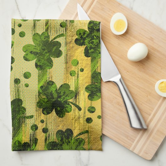 Irish Shamrock - Clover Painted Gold en Green Theedoek (Quarter Fold)