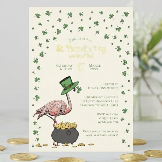 Irish Shamrock Flamingo St Patrick's Day Party Folie Uitnodiging
