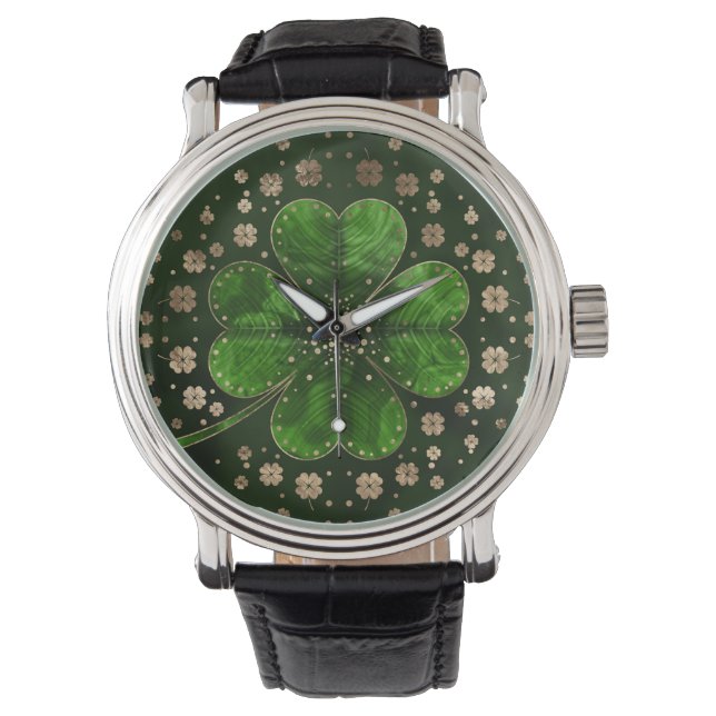 Irish Shamrock four-leaf clover Malachite and gold Horloge (Voorkant)